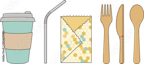 Flat Illustration Set of Eco Friendly Zero Waste Products with Bamboo Cutlery and Reusable Cup