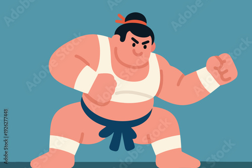 Illustration Of A Sumo Wrestler Squatting Down In Preparation For A Match Vector Design Template