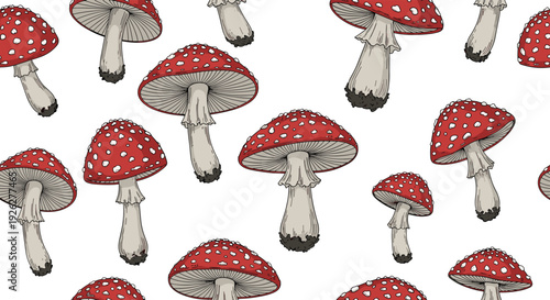 Colorful seamless pattern of red fly agaric mushrooms with white spots and long stems, hand-drawn on a white background for a forest theme.