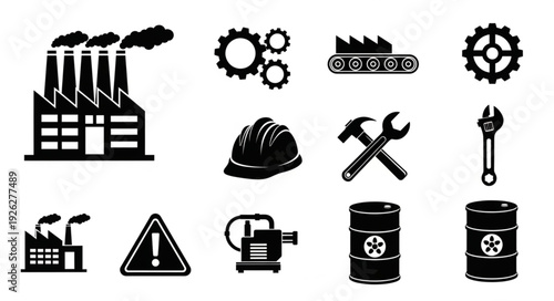 Industrial factory icons representing manufacturing and production processes in black and white.