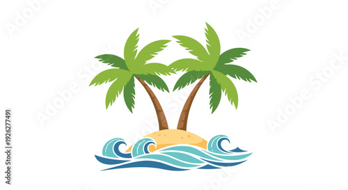 Tropical island scene featuring two green palm trees on a small sand patch surrounded by stylized blue ocean waves on a white background.