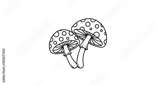 Simple black and white line art illustration of two spotted mushrooms growing together, centered on a white background for a clean aesthetic.