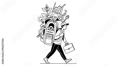 A monochromatic illustration of a man walking with a refrigerator on his back and various household items, against a clean white background with a playful and chaotic mood.