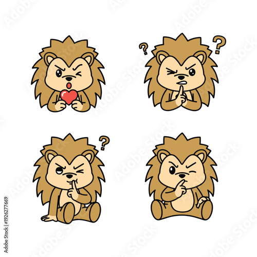 Cartoon lion character expressing different emotions with question marks in a simple illustration style