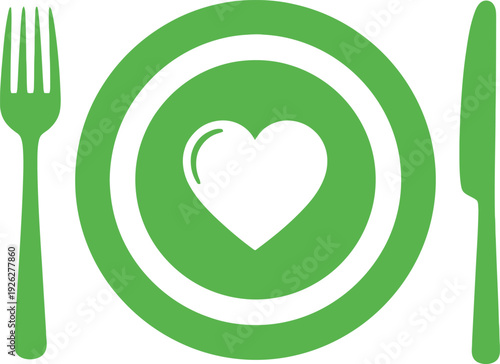 Green icon showing a dinner plate with a heart inside, flanked by a fork and a knife on a white background.