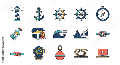 Collection of nautical themed icons representing maritime navigation and exploration.