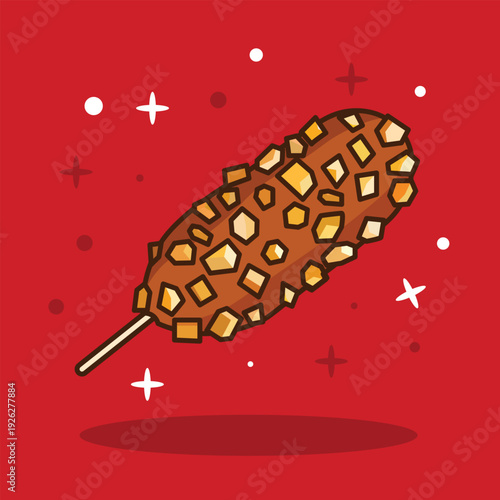 Flat cartoon vector illustration of korean street food corndog isolated on red background