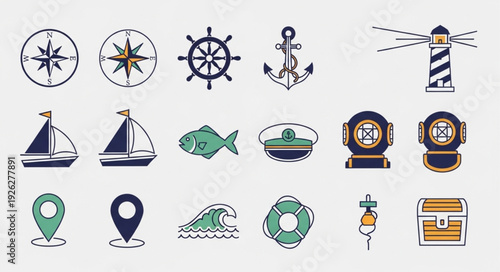 Nautical themed illustrations featuring compasses, anchors, and maritime elements.