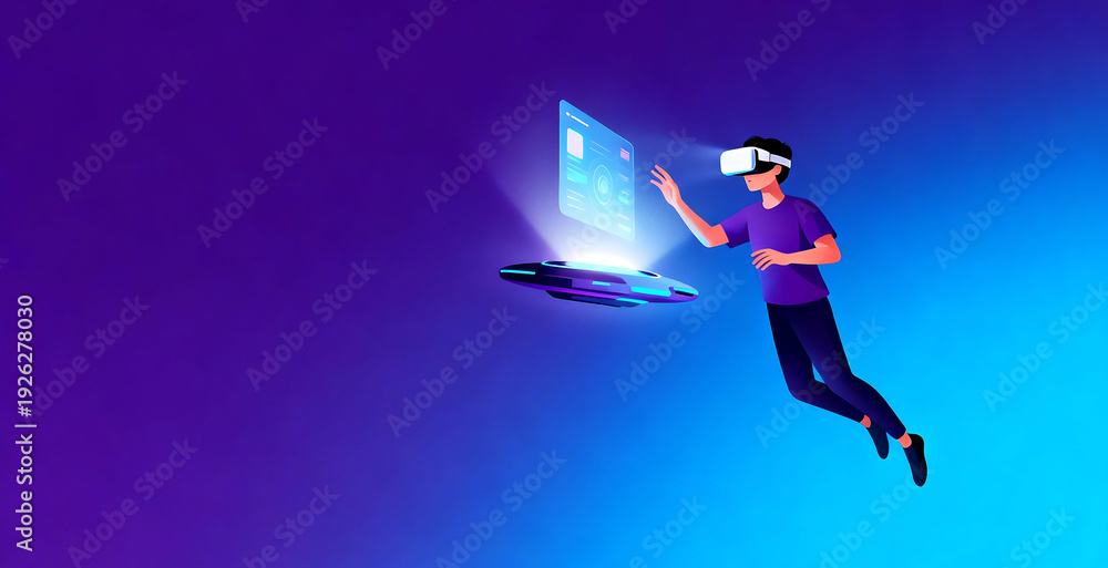 Obraz premium Man using VR headset with floating interface