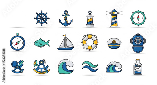 Collection of nautical themed illustrations featuring various maritime elements and symbols.