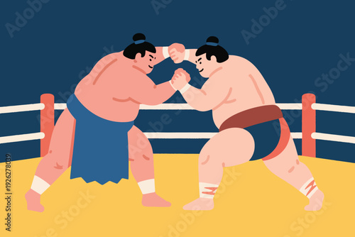 Illustration Of Two Sumo Wrestlers Pushing Each Other To Knock Each Other Out, In A Traditional Sporting Event Vector Design Template