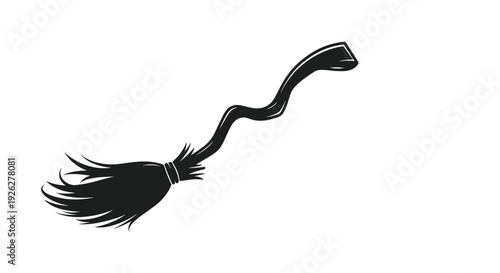 Black silhouette of a crooked witch's broom with a long wavy handle, isolated on a white background, perfect for spooky Halloween decorations.