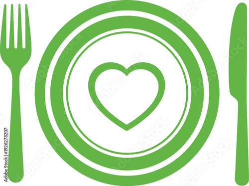 Green plate icon with a heart in the center flanked by a fork and a knife.
