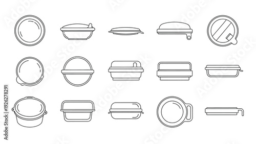 Vector graphic illustration set showcasing various food container lids and storage box outlines from multiple perspectives for packaging design concepts