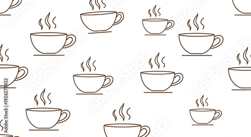 Simple brown line art seamless pattern of steaming cups of coffee or tea on a white background, perfect for a cozy cafe or kitchen wallpaper.