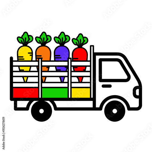 A cartoon illustration of a white pickup truck transporting four large, colorful carrots in separate compartments.