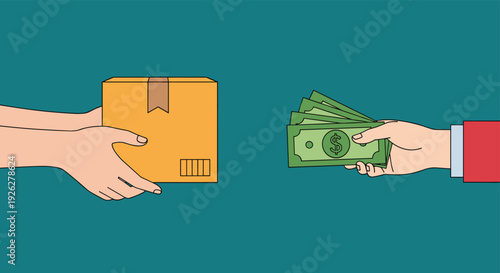 Illustration of two hands exchanging a cardboard package for a fan of green dollar bills, representing home delivery and cash on delivery.