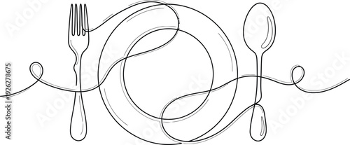 Minimalist continuous line drawing of a plate with a fork and spoon on white background