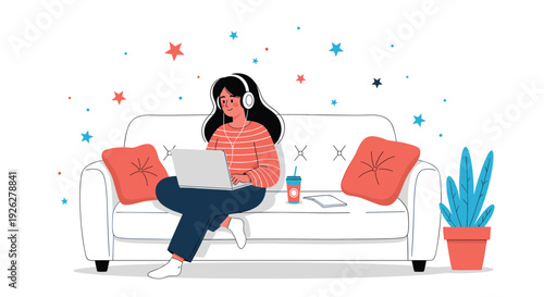 Young woman sitting on a white sofa with a laptop on her lap, wearing headphones and surrounded by stars, depicting a cozy work from home scene.