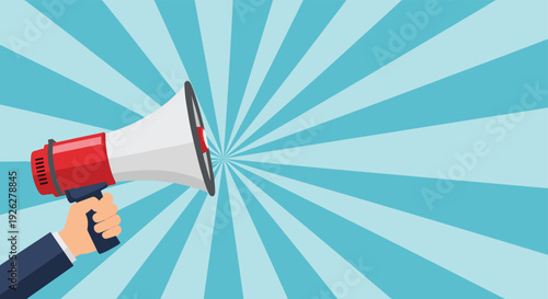 Hand holding a red and white megaphone against a light blue sunburst background, symbolizing a loud announcement, promotion, or advertising.