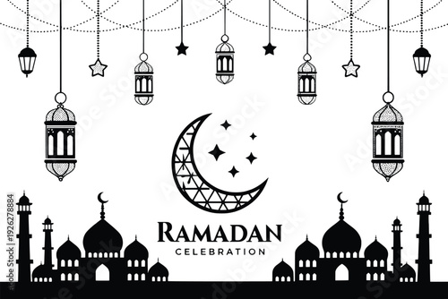 Illustration of ramadan celebration with lanterns and mosque silhouettes