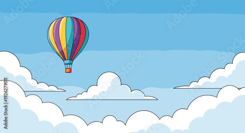Colorful hot air balloon floating high in a clear blue sky filled with soft white clouds, symbolizing freedom, travel, and high-altitude adventure.