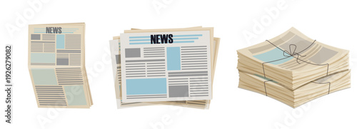 Newspaper pile, stack of magazines. News representing newspapers folded, news publications. Headline banner on the front page represents journalism, news, and print media.
