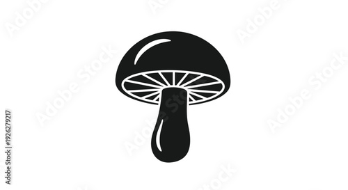 Stylized black mushroom silhouette on a white background depicting natural fungi and organic food symbols in a simple graphic design.