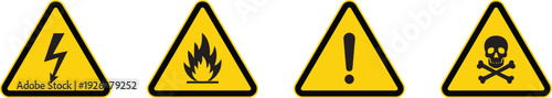 Caution signs set. Warning triangular caution shape signs with various danger symbols. Fire warning, hazard danger, high voltage icon vector illustration.