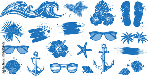 A collection of blue beach icons and sunglasses on a white background