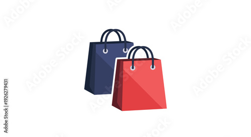 Two colorful paper shopping bags in navy blue and bright red colors representing retail commerce consumerism and fashion industry sales.