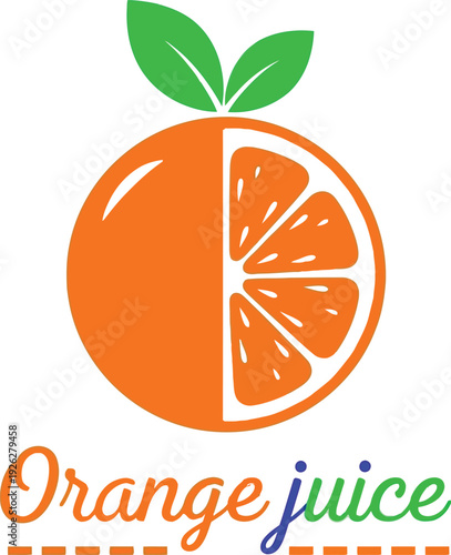 Orange juice logo design featuring a half-sliced orange with green leaves on top