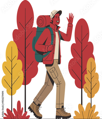 Hiker with backpack waving in autumn forest leaves