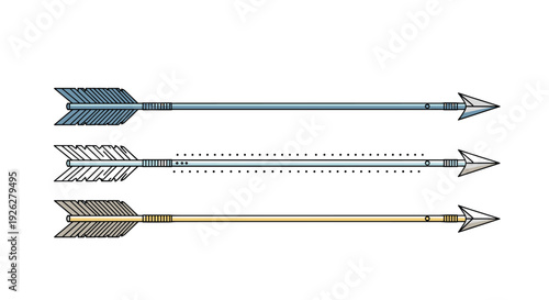 Set of three stylized arrows with distinct feathers and points in blue silver and gold tones suitable for navigation or target symbols.