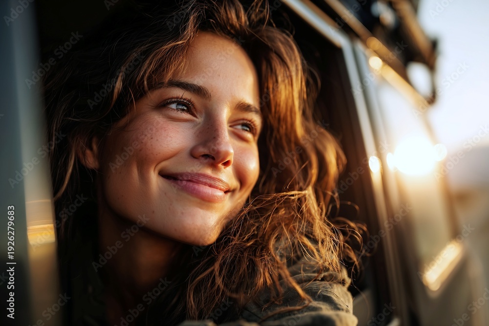 Fototapeta premium Portrait of a beautiful young woman, girl with freckles is happily smiling while looking out of a car window, during a roadtrip, enjoying the warm glow of the golden hour sunset.