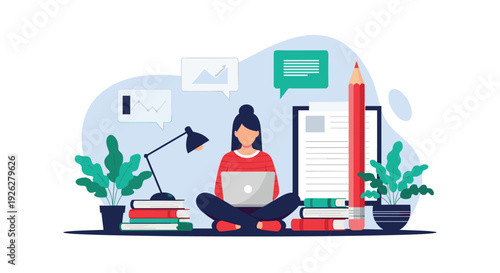 Young woman sitting cross-legged while working on a laptop laptop amidst books a large pencil and clipboard signifying modern education.