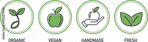 Set of four green eco-friendly product labels for organic, vegan, natural, and pure items