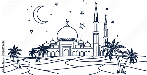 A serene mosque under a crescent moon and stars at night
