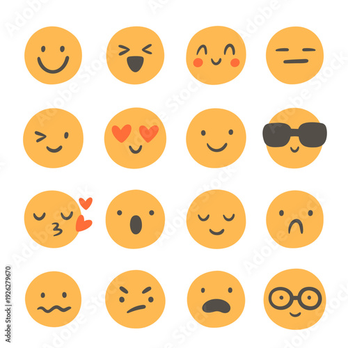 Yellow emoji set. Face emotion expressions icons. Hand-drawn vector design elements on white background. 