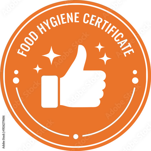 Orange food hygiene certificate seal with a white thumbs up icon and sparkling stars on top