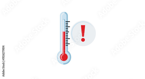 Medical thermometer showing a high fever reading accompanied by a red exclamation warning symbol for health emergency and fever alerts.