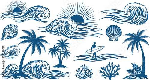 Tropical beach scene with palm trees waves and surfboard