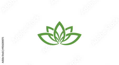 Simple green lotus flower icon with symmetrical petals representing peace harmony purity and zen meditation practices in a minimalist style.