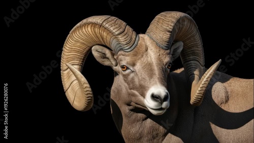 a majestic ram with large, curved, textured horns against a stark black background