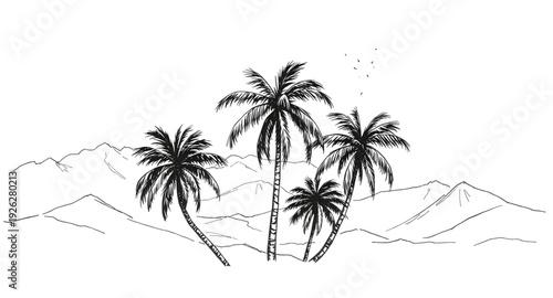palmtree, landscape, mountain, silhouette, drawing, background, tropical, nature, island, sunset, scenery, outdoor, travel, summer, exotic, paradise, forest, hills, valley, sky, twilight, dusk, minima