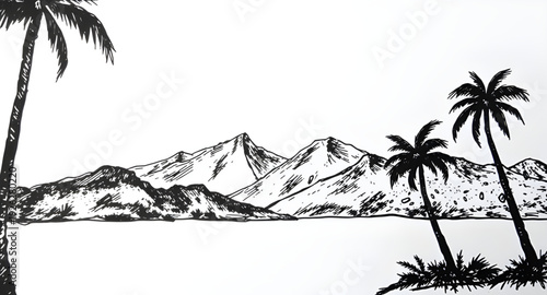 palmtree, landscape, mountain, silhouette, drawing, background, tropical, nature, island, sunset, scenery, outdoor, travel, summer, exotic, paradise, forest, hills, valley, sky, twilight, dusk, minima
