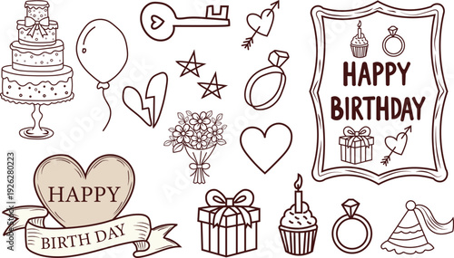 set of hand drawn doodles and symbols on the birthday party. minimalist line art design featuring ring, cake, cup cake for greeting card and invitation of wedding, mother day, Valentine's day holidays