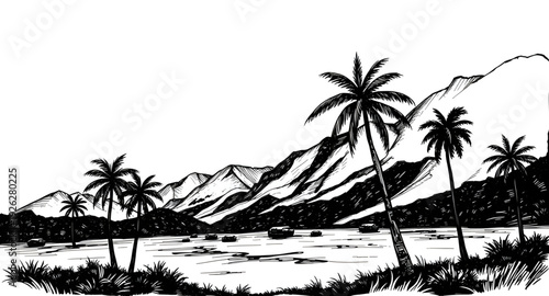 palmtree, landscape, mountain, silhouette, drawing, background, tropical, nature, island, sunset, scenery, outdoor, travel, summer, exotic, paradise, forest, hills, valley, sky, twilight, dusk, minima