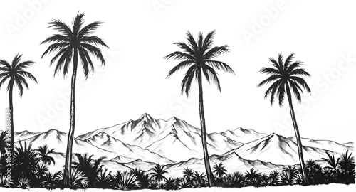 palmtree, landscape, mountainrange, silhouette, drawing, background, tropical, island, nature, sunset, scenery, outdoor, travel, summer, exotic, paradise, forest, hills, valley, sky, twilight, dusk, m