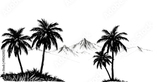 palmtree, landscape, mountainrange, silhouette, drawing, background, tropical, island, nature, sunset, scenery, outdoor, travel, summer, exotic, paradise, forest, hills, valley, sky, twilight, dusk, m